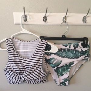 SHEIN Black and White Striped Bikini with Green Leaf Print